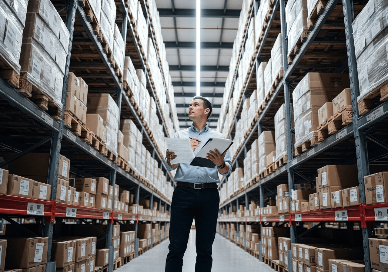 Inventory staff checking stock in a warehouse aisle