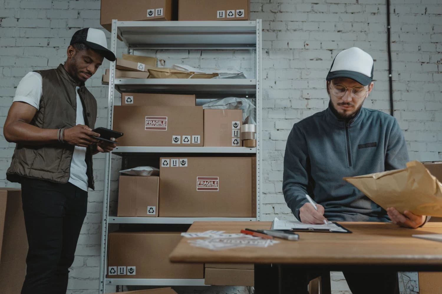 Warehouse workers handling boxes and processing inventory in a warehouse.